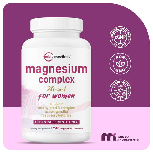 Magnesium Complex for Women, 240 Vegetarian Capsules | 20-in-1 Formula - Magnesium Blend with Vitamin D3, K2, Ashwagandha & More | Filler Free, Non-GMO Follow